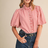 Striped Ruffle Front Puff Sleeve Top