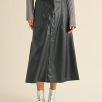 Front Slit A line Maxi Pleather Skirt