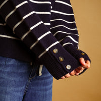 Striped Mock Neck Button Placket Relaxed Knit Sweater