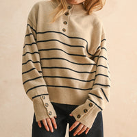 Striped Mock Neck Button Placket Relaxed Knit Sweater