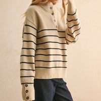 Striped Mock Neck Button Placket Relaxed Knit Sweater