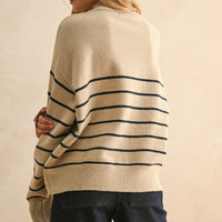 Striped Mock Neck Button Placket Relaxed Knit Sweater