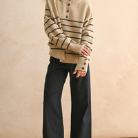 Striped Mock Neck Button Placket Relaxed Knit Sweater