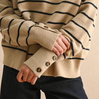 Striped Mock Neck Button Placket Relaxed Knit Sweater