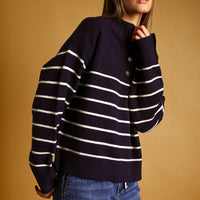 Striped Mock Neck Button Placket Relaxed Knit Sweater