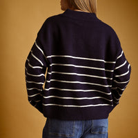 Striped Mock Neck Button Placket Relaxed Knit Sweater