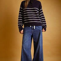 Striped Mock Neck Button Placket Relaxed Knit Sweater