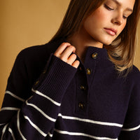 Striped Mock Neck Button Placket Relaxed Knit Sweater