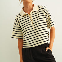 Striped Knit Polo Top with Button Placket
