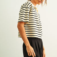 Striped Knit Polo Top with Button Placket