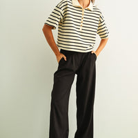 Striped Knit Polo Top with Button Placket