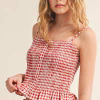 Gingham Smocked Button-Front Crop Tank Top