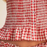 Gingham Smocked Button-Front Crop Tank Top