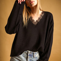 Lace Trim V-Neck Oversized Knit Sweater
