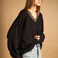 Lace Trim V-Neck Oversized Knit Sweater