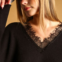Lace Trim V-Neck Oversized Knit Sweater