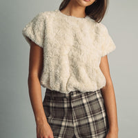 Women's cream faux fur short sleeve top with plush textured fabric and relaxed gathered hem