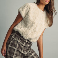 Cream Faux Fur Short Sleeve Top β Soft Textured Cozy Pullover