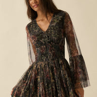 Floral Tulle Bell Sleeve Mini Dress