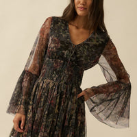 Floral Tulle Bell Sleeve Mini Dress