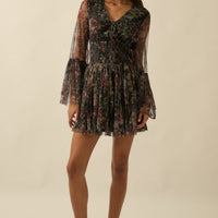 Floral Tulle Bell Sleeve Mini Dress
