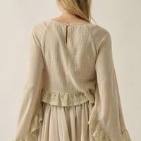 Boho Crochet Lace Ruffle Bell-Sleeve Cropped Top