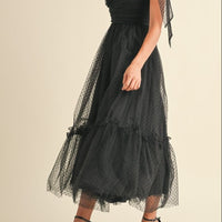 Polka Dot Mesh Tie Shoulder Midi Dress
