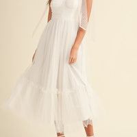 Polka Dot Mesh Tie Shoulder Midi Dress