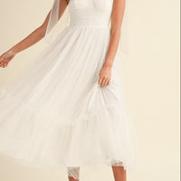 Polka Dot Mesh Tie Shoulder Midi Dress