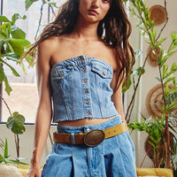 Pleated Denim Mini Skirt - Blue