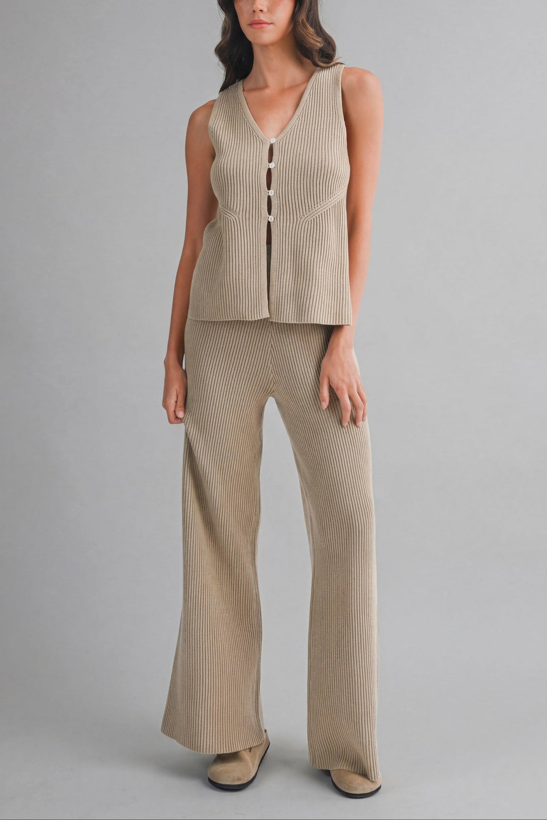 Ribbed Knit Lounge Set – Sleeveless Button Top & Wide Leg Pants