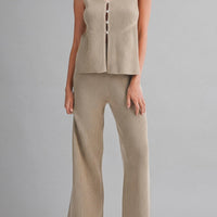 Ribbed Knit Lounge Set – Sleeveless Button Top & Wide Leg Pants