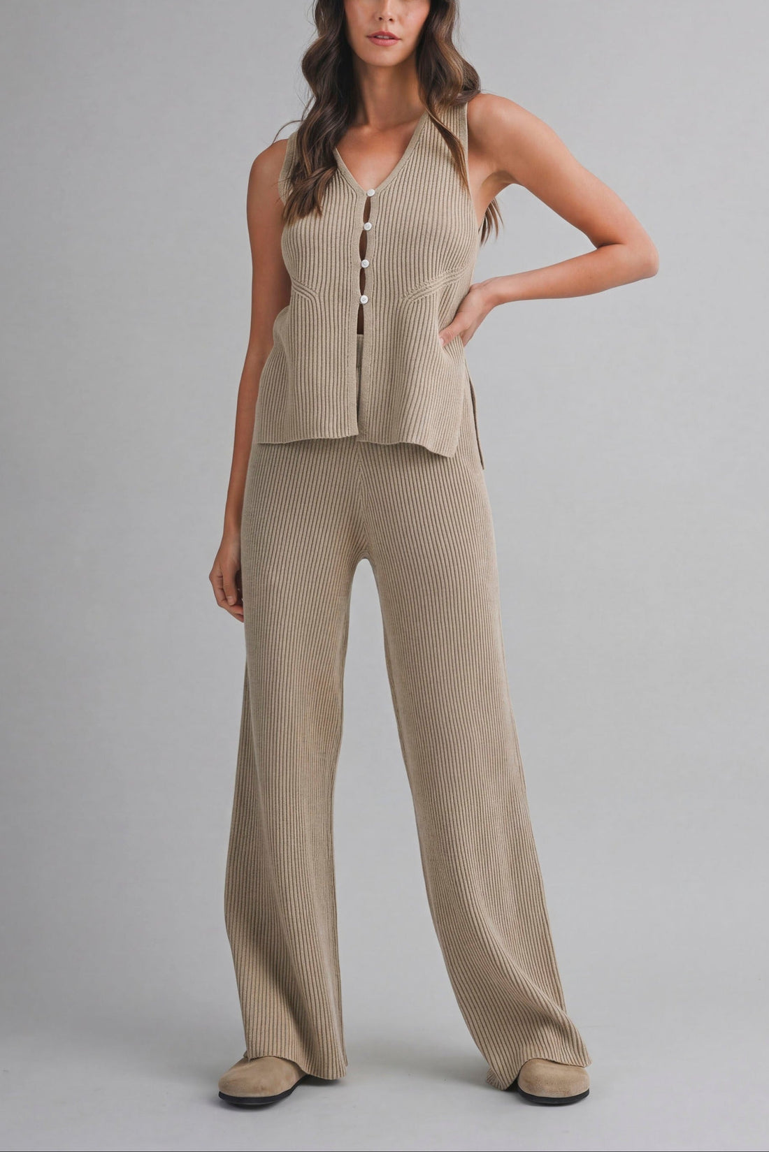 Ribbed Knit Lounge Set – Sleeveless Button Top & Wide Leg Pants
