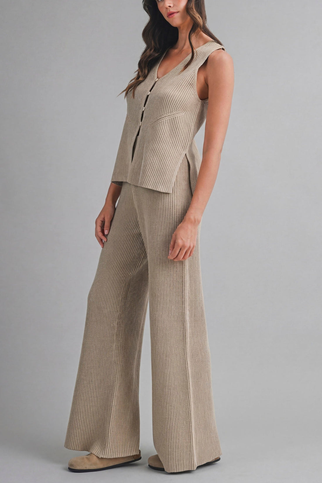 Ribbed Knit Lounge Set – Sleeveless Button Top & Wide Leg Pants