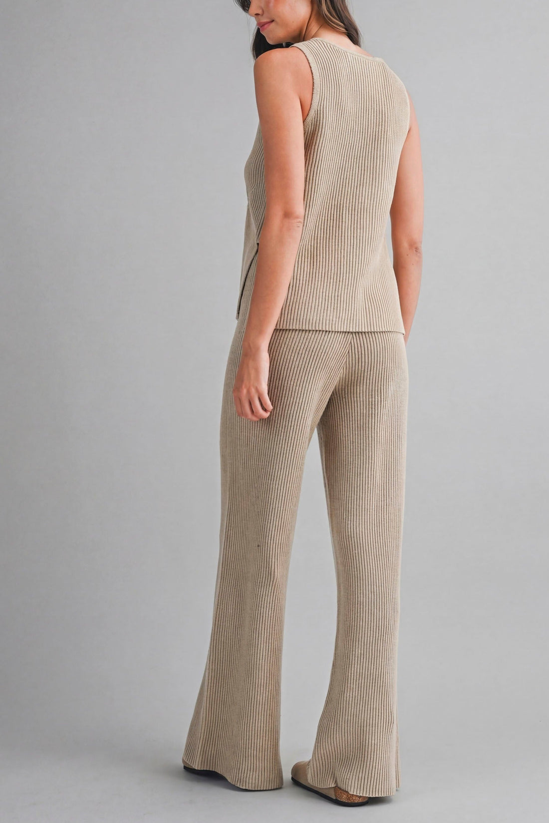 Ribbed Knit Lounge Set – Sleeveless Button Top & Wide Leg Pants