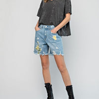 Tropical Destroyed Denim Shorts