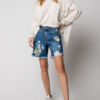 Tropical Destroyed Denim Shorts