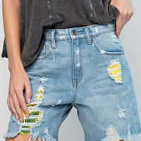 Tropical Destroyed Denim Shorts