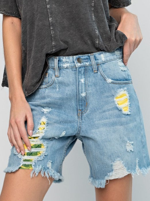 Tropical Destroyed Denim Shorts