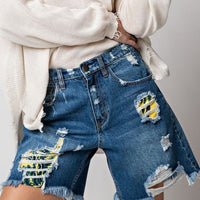 Tropical Destroyed Denim Shorts