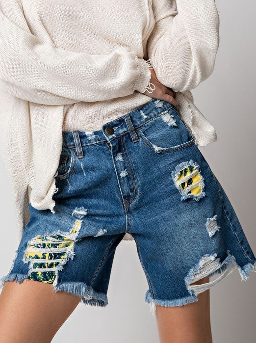 Tropical Destroyed Denim Shorts