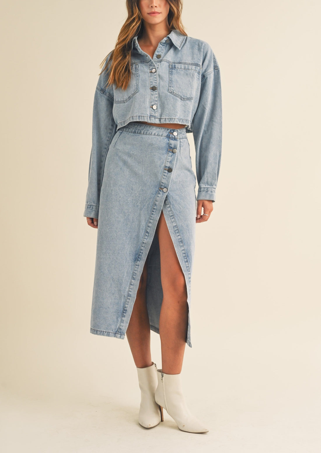 Denim Crop Jacket and Slit Skirt Set Evercado