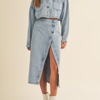 Denim Crop Jacket and Slit Skirt Set