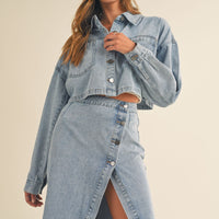 Denim Crop Jacket and Slit Skirt Set