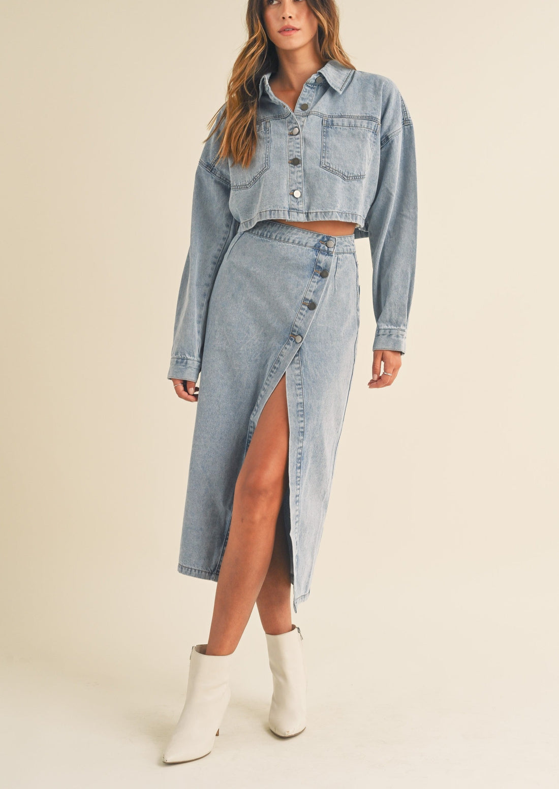 Denim Crop Jacket and Slit Skirt Set