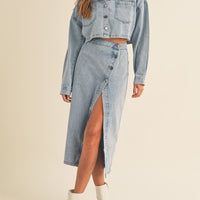 Denim Crop Jacket and Slit Skirt Set