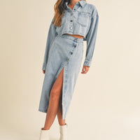 Denim Crop Jacket and Slit Skirt Set