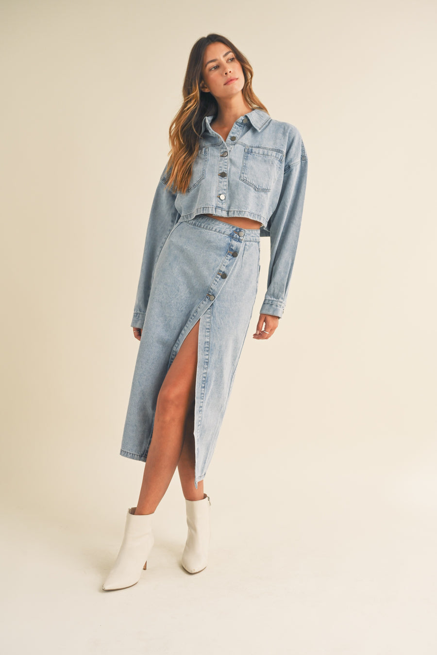 Denim Crop Jacket and Slit Skirt Set