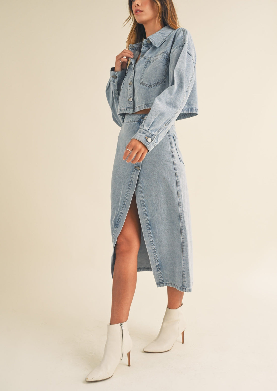 Denim Crop Jacket and Slit Skirt Set