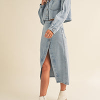 Denim Crop Jacket and Slit Skirt Set